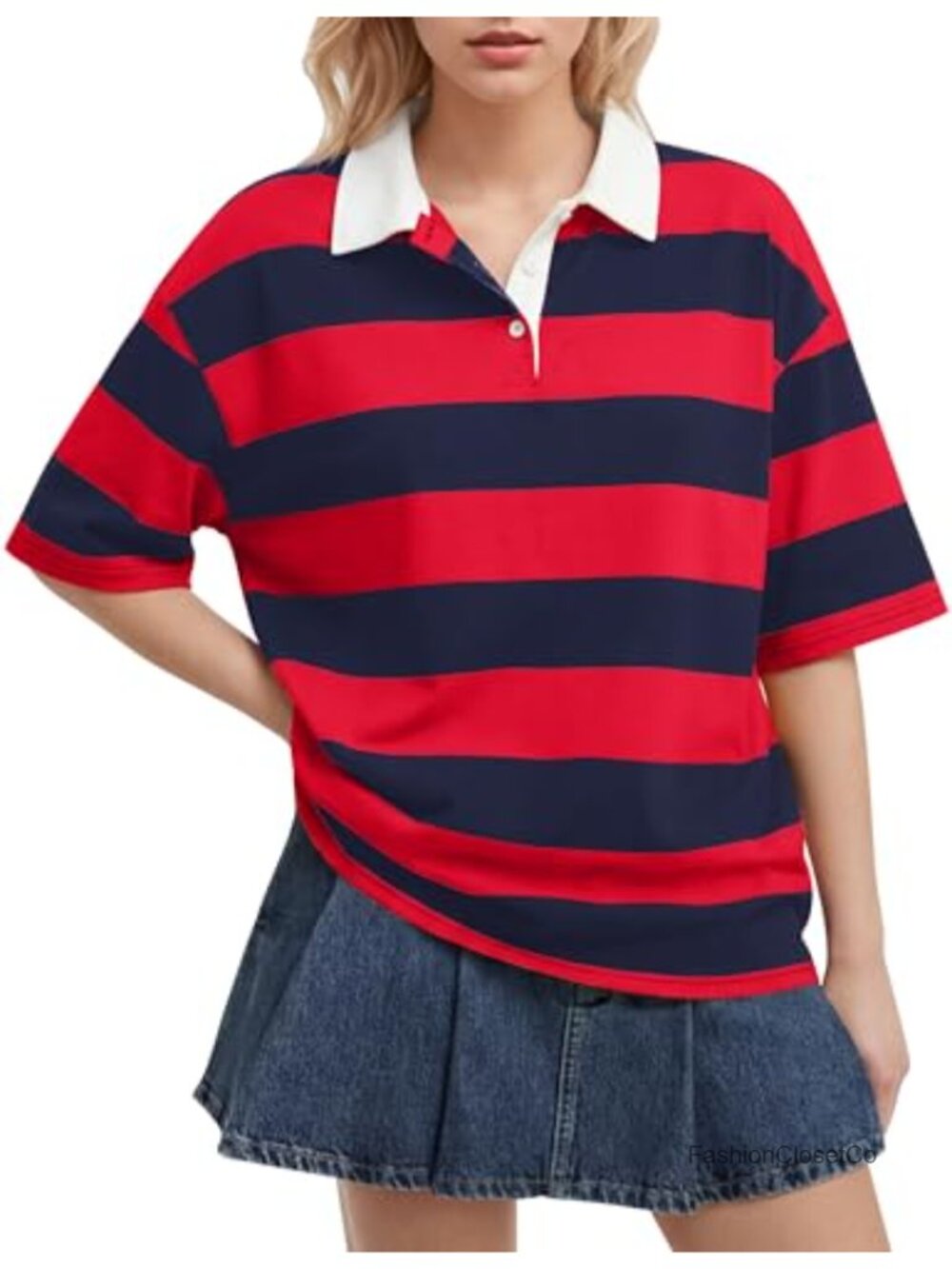 Women's Striped Rugby Polo Shirt Oversized Short Sleeve Henley Neck Cotton Blend